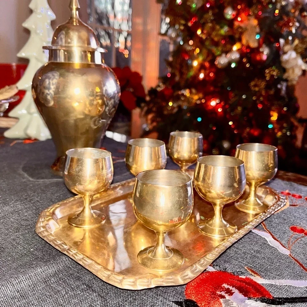 Vintage Solid Brass Barware Set 6 Cordial Shot Glass with tray